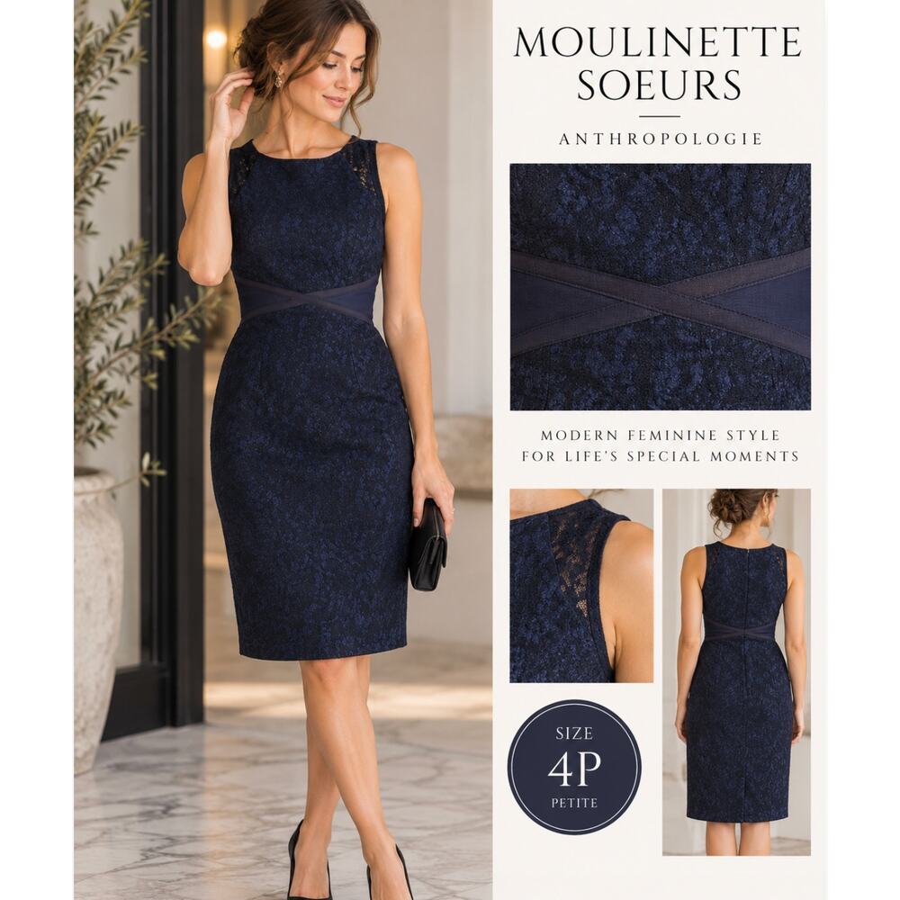 Anthropologie Moulinette Soeurs Dress 4P Navy Jacquard Sheath Petite Cocktail